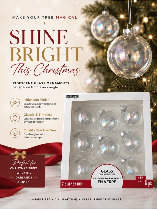 Ashland Other - Iridescent Clear Glass Holiday Ornaments - Set of 8
